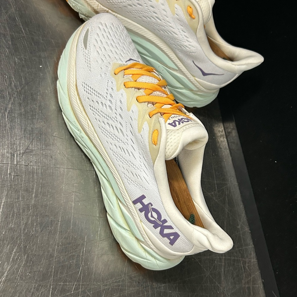 Hoka Women's White Sneakers with Yellow Laces and Purple Logo - Picture 2 of 11